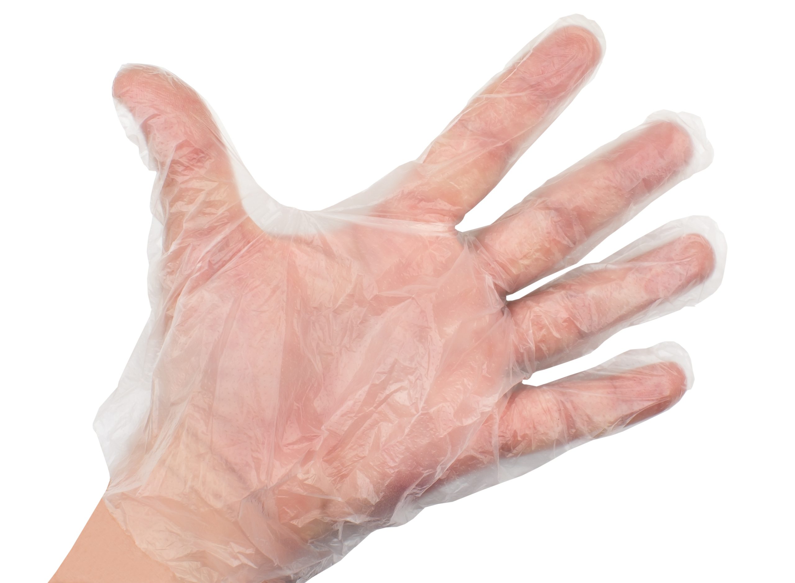 Man Hand Wearing Disposable Plastic Glove On White Background